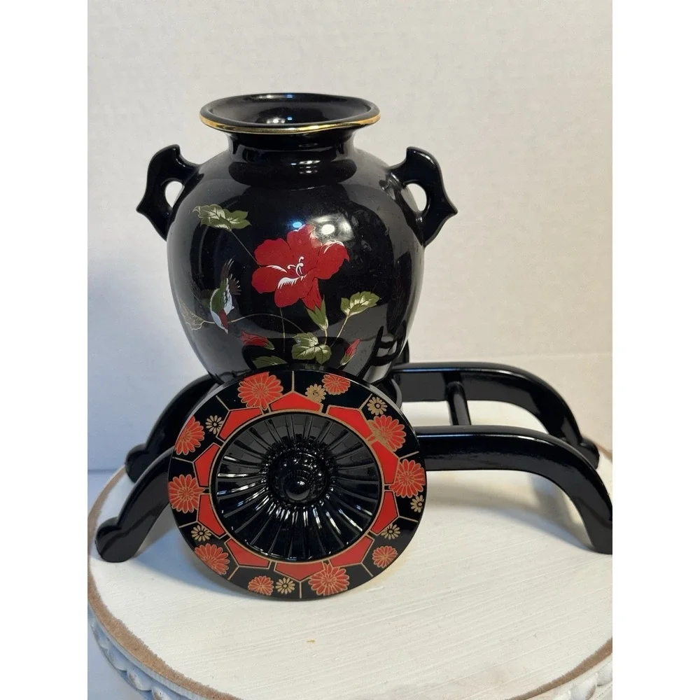Vintage Black Ginger Jar Gold Accents Enamel‎ Flowers Lid Japan 9.5